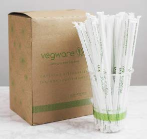 WS07-GSW Vegware™ Compostable PLA Green Striped Wrapped 8-1/4` Ecovio Jumbo Drinking Straws